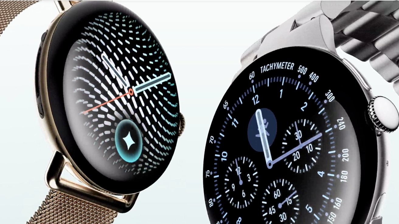 Two modern wristwatches side by side, one with a digital abstract patterned face and mesh band, the other a classic analog chronograph with multiple dials and metal link bracelet