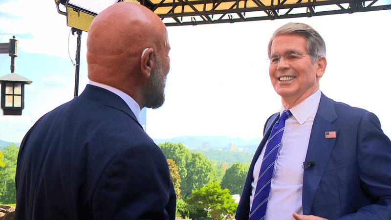 AUG. 30, 2026 - United States Secretary of the Treasury Scott Bessent with News 13's Charles Perez in Asheville, N.C. (Photo credit: WLOS Staff)