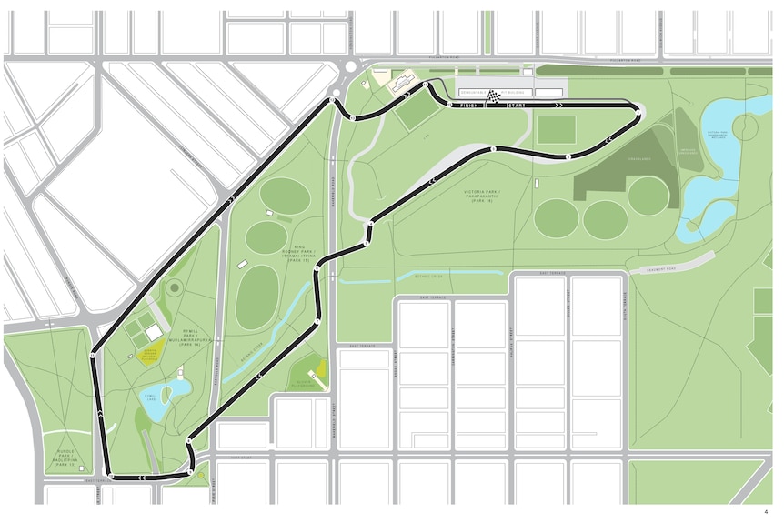 A map with a green and white areas and a black outline highlighting the area proposed for the MotoGP track