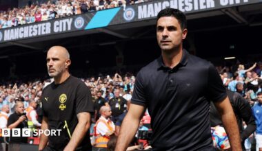 Manchester City manager Enzo Maresca (left) and his Arsenal counterpart Mikel Arteta take to the pitch ahead of the 2026 FA Community Shield.