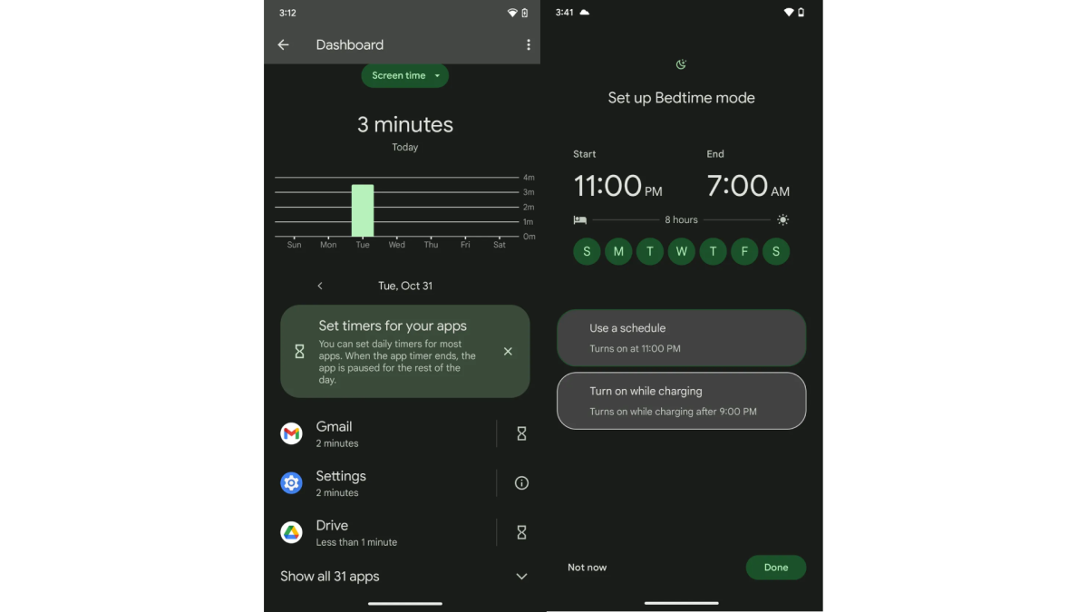 two Pixel screenshots showing a screen time graph and how to set up bedtime mode