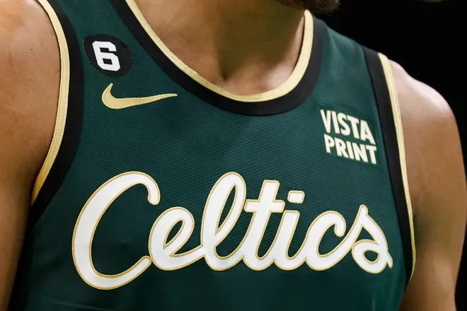 Oct 18, 2022; Boston, Massachusetts, USA; The number 6 is seen on the Boston Celtics jersey honoring Celtic great Bill Russell during the third quarter of the game between the Boston Celtics and the Philadelphia 76ers at TD Garden. Mandatory Credit: Winslow Townson-USA TODAY Sports