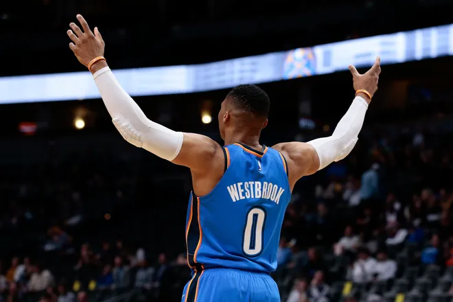 Oct 10, 2017; Denver, CO, USA; Oklahoma City Thunder guard Russell Westbrook (0) before the game against the Denver Nuggets at the Pepsi Center. Mandatory Credit: Isaiah J. Downing-USA TODAY Sports