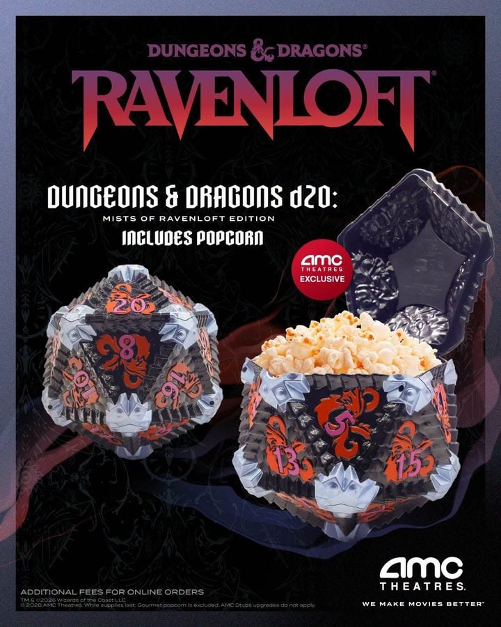Promotional poster for Dungeons Dragons Ravenloft featuring popcorn filled dice containers and AMC Theatres logo