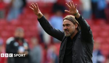 Leeds United's German head coach Daniel Farke celebrates on the pitch