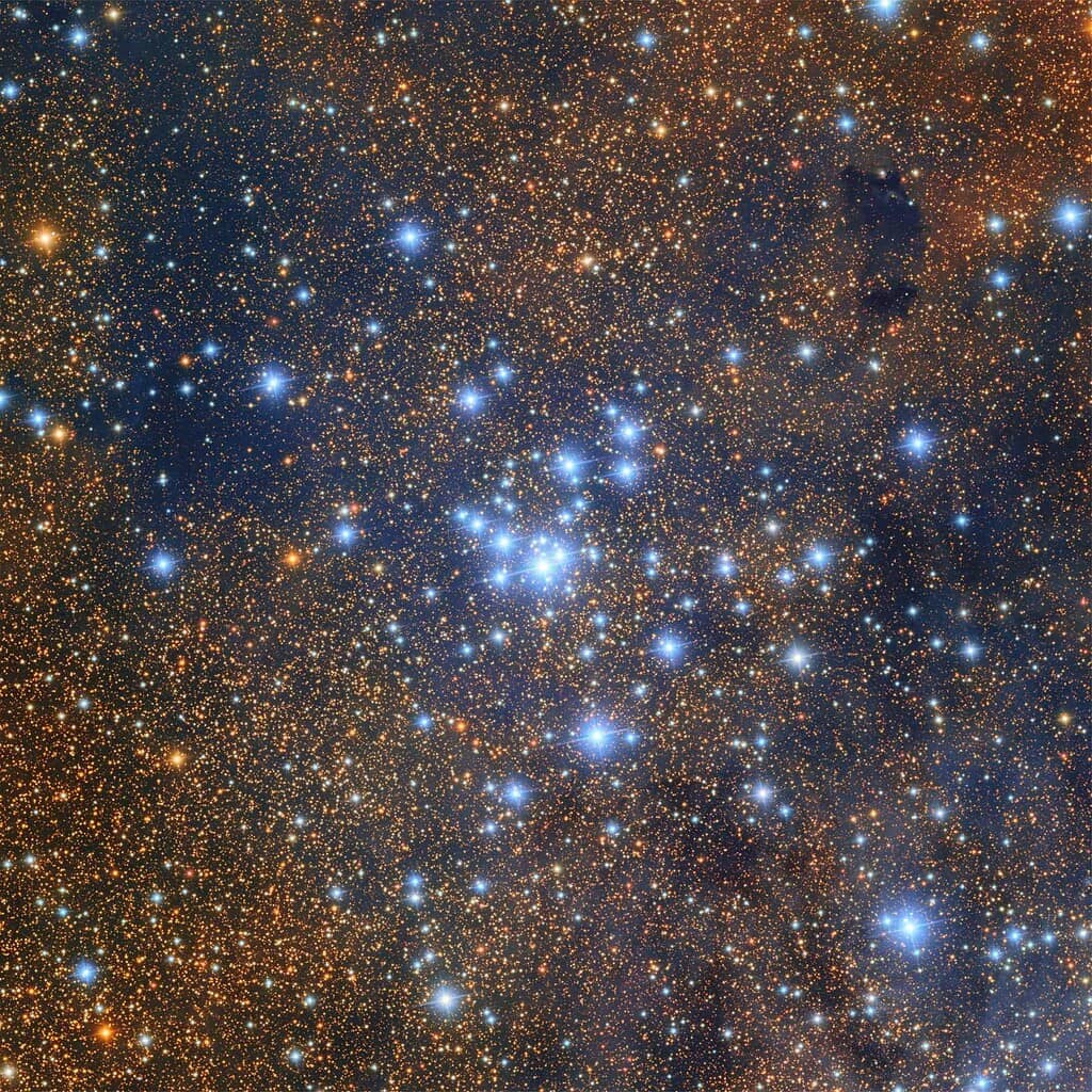 Sky image with bright blue-white stars pictured surrounded by smaller yellow stars. Messier 21. Vera Rubin Observatory Photo.