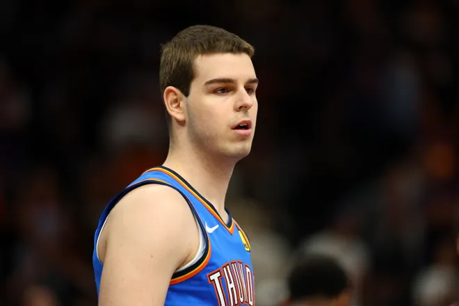 Apr 27, 2026; Phoenix, Arizona, USA; Oklahoma City Thunder guard Nikola Topic (44) against the Phoenix Suns during game four of the first round of the 2026 NBA Playoffs at Mortgage Matchup Center. Mandatory Credit: Mark J. Rebilas-Imagn Images