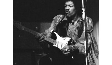 Jimi Hendrix performs on tour at the Rheinhalle in Dusseldorf, Germany on Jan. 14, 1969. (Hinninger/AP)