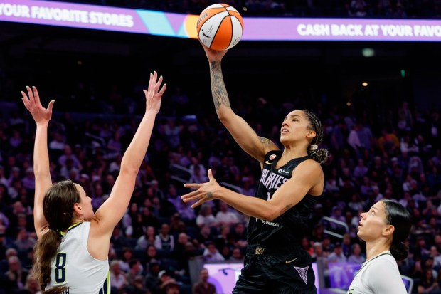 Golden State Valkyries forward Gabby Williams (1) scores a two-pointer against the Dallas Wings in the second half of a WNBA basketball game in San Francisco, Monday, Aug. 17, 2026. (Santiago Mejia/San Francisco Chronicle via AP)