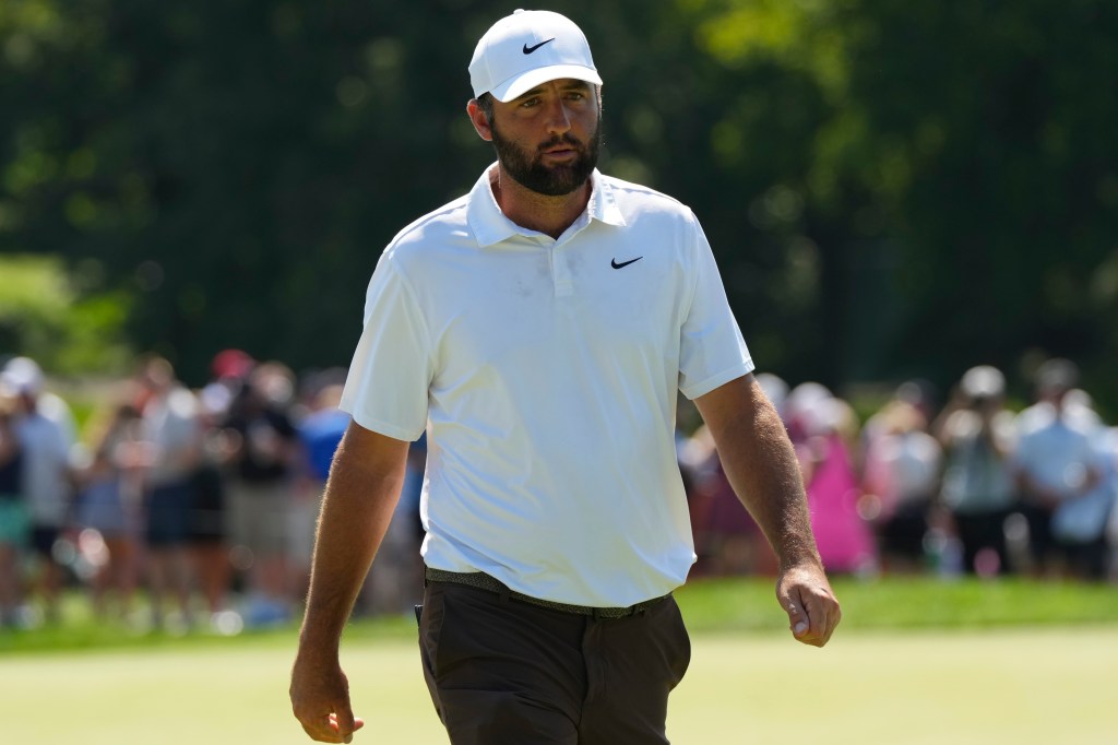 Scottie Scheffler walks off the 18th green during the second round of the BMW Championship golf tournament on Friday, Aug. 21, 2026.