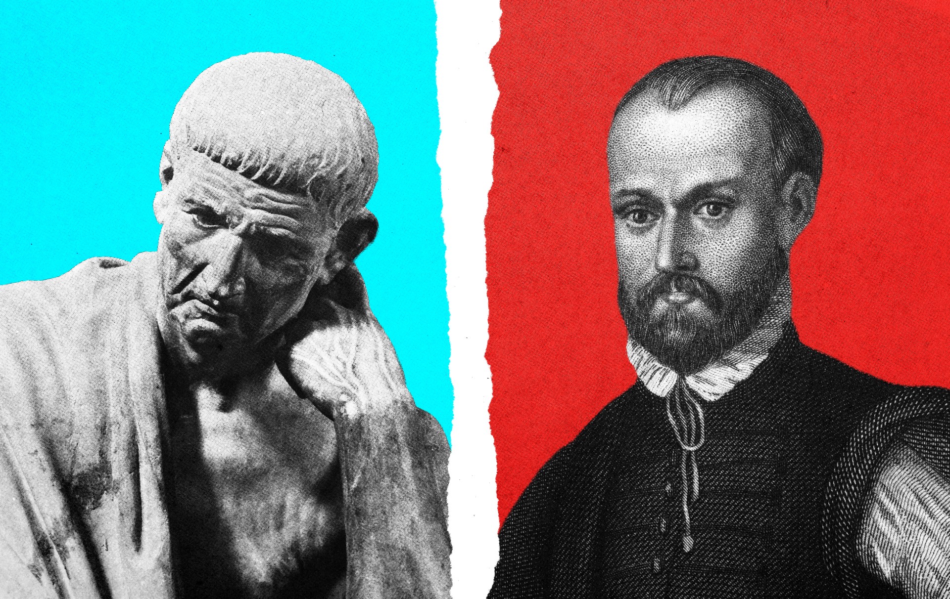 A split-screen composition featuring a classical sculpture of a contemplative figure against a cyan background on the left, and a bearded man in Renaissance-style clothing against a red background on the right, separated by a white vertical divider.