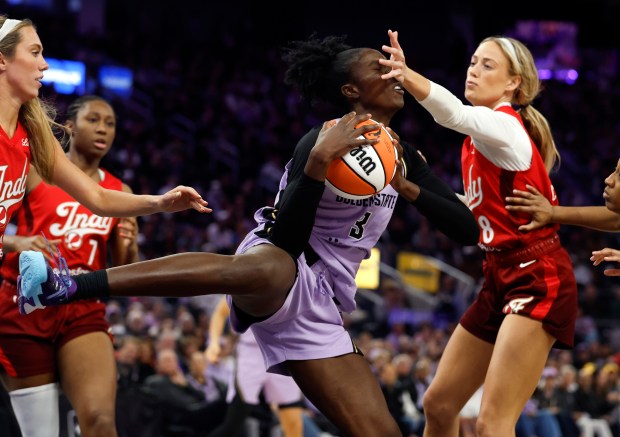 Golden State Valkyries' Laeticia Amihere (3) fights for the ball against Indiana Fever's Sophie Cunningham (8) in the third quarter at the Chase Center in San Francisco, Calif., on Thursday, May 28, 2026. (Nhat V. Meyer/Bay Area News Group)