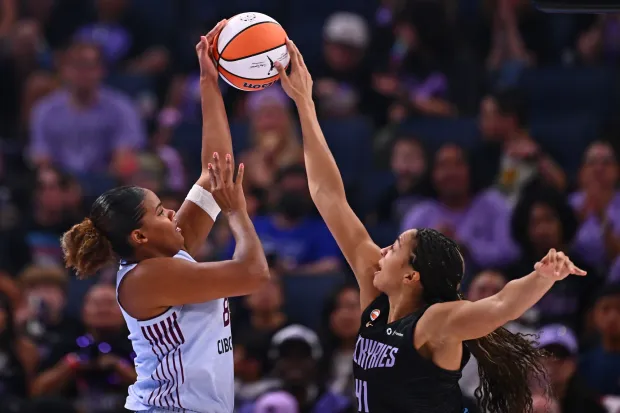 Golden State Valkyries' Kiah Stokes (41) blocks a shot by Toronto Tempo's Nyara Sabally (8) in the first half of their WNBA game at Chase Center in San Francisco, Calif., on Sunday, Aug. 2, 2026. (Jose Carlos Fajardo/Bay Area News Group)