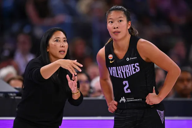 Golden State Valkyries head coach Natalie Nakase speaks to Golden State Valkyries' Kaitlyn Chen (2) in the second half of their WNBA game at Chase Center in San Francisco, Calif., on Sunday, Aug. 2, 2026. The Golden State Valkyries defeated the Toronto Tempo 96-79. (Jose Carlos Fajardo/Bay Area News Group)