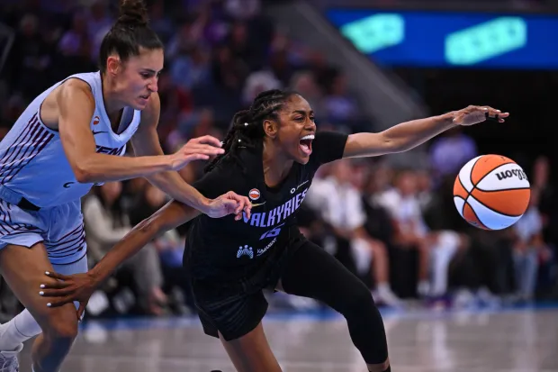 Golden State Valkyries' Tiffany Hayes (15) battles Toronto Tempo's Maria Conde (10) for a loose ball in the second half of their WNBA game at Chase Center in San Francisco, Calif., on Sunday, Aug. 2, 2026. The Golden State Valkyries defeated the Toronto Tempo 96-79. (Jose Carlos Fajardo/Bay Area News Group)