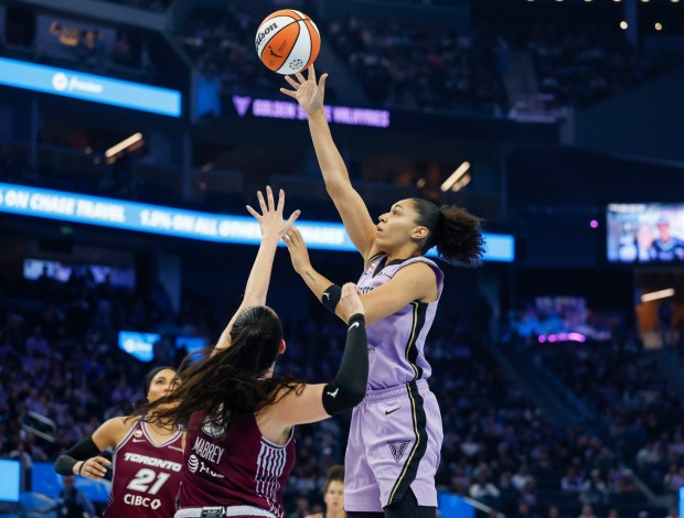 Golden State Valkyries' Janelle Salaün (13) take a shot against Toronto Tempo's Marina Mabrey (3) in the first quarter at the Chase Center in San Francisco, Calif., on Tuesday, Aug. 4, 2026. (Nhat V. Meyer/Bay Area News Group)