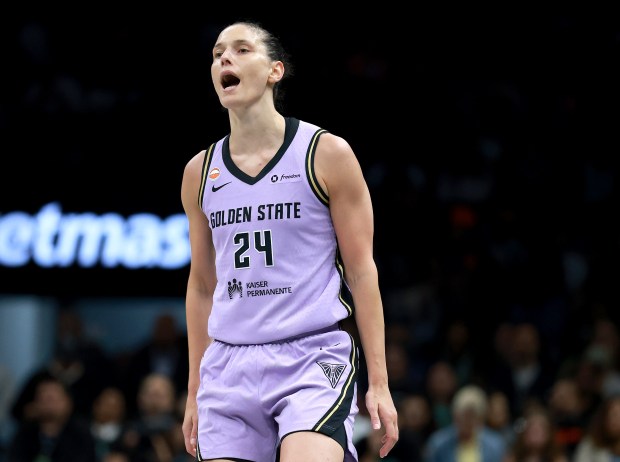 BROOKLYN, NEW YORK - AUGUST 27: Cecilia Zandalasini #24 of the Golden State Valkyries celebrates her three point shot in the first half against the New York Liberty at Barclays Center on August 27, 2026 in the Brooklyn borough of New York City. (Photo by Elsa/Getty Images)