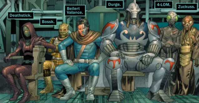 Bossk teams up with Beilert Valance, Deathstick, Durge, 4-LOM and Zuckuss