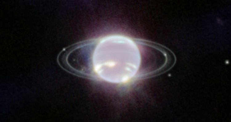 Image of Neptune, its rings, and several inner moons, taken by the Near-Infrared Spectrograph (NIRSpec) instrument onboard NASA’s James Webb Space Telescope. (Credit: Image: NASA, ESA, CSA, STScI; Image Processing: Joseph DePasquale (STScI), Naomi Rowe-Gurney (NASA-GSFC))