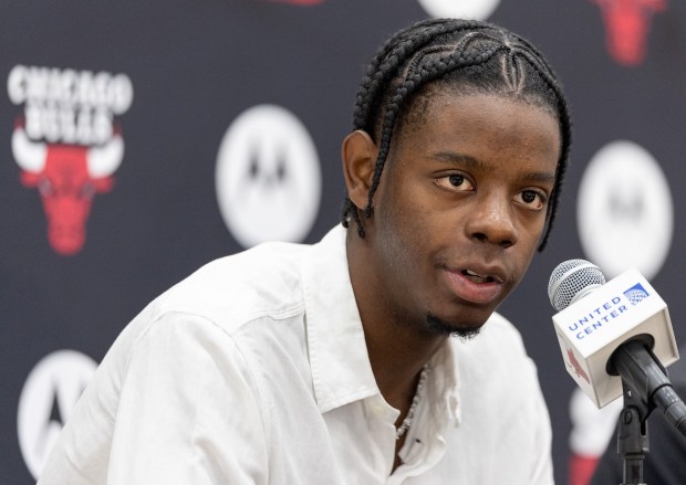 Bulls forward Caleb Wilson speaks to the media at an introductory news conference June 26, 2026, at the Advocate Center. (Josh Boland/Chicago Tribune)