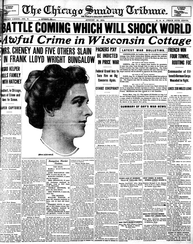 "Mamah" Borthwick, her two children and four others were killed in a hatchet attack on on Aug. 15, 1914, by a servant at Frank Lloyd Wright's Taliesin in Spring Green, Wisconsin. (Chicago Tribune)