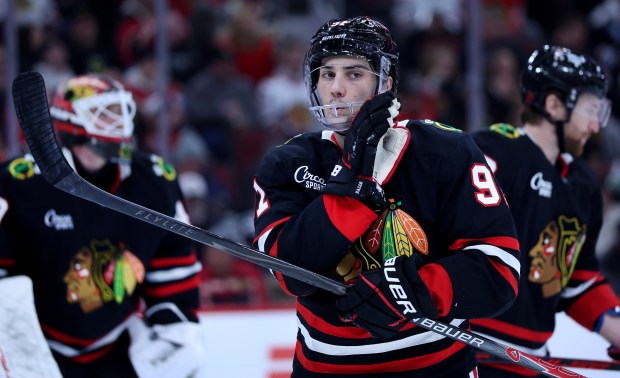 Blackhawks center Frank Nazar stands on the ice during a break in the action against the Lightning on Jan. 23, 2026, at the United Center. (Chris Sweda/Chicago Tribune)