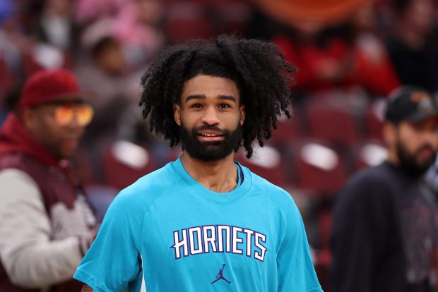 Charlotte Hornets guard Coby White warms up for a game against the Chicago Bulls at the United Center in Chicago on Feb. 24, 2026. (Chris Sweda/Chicago Tribune)