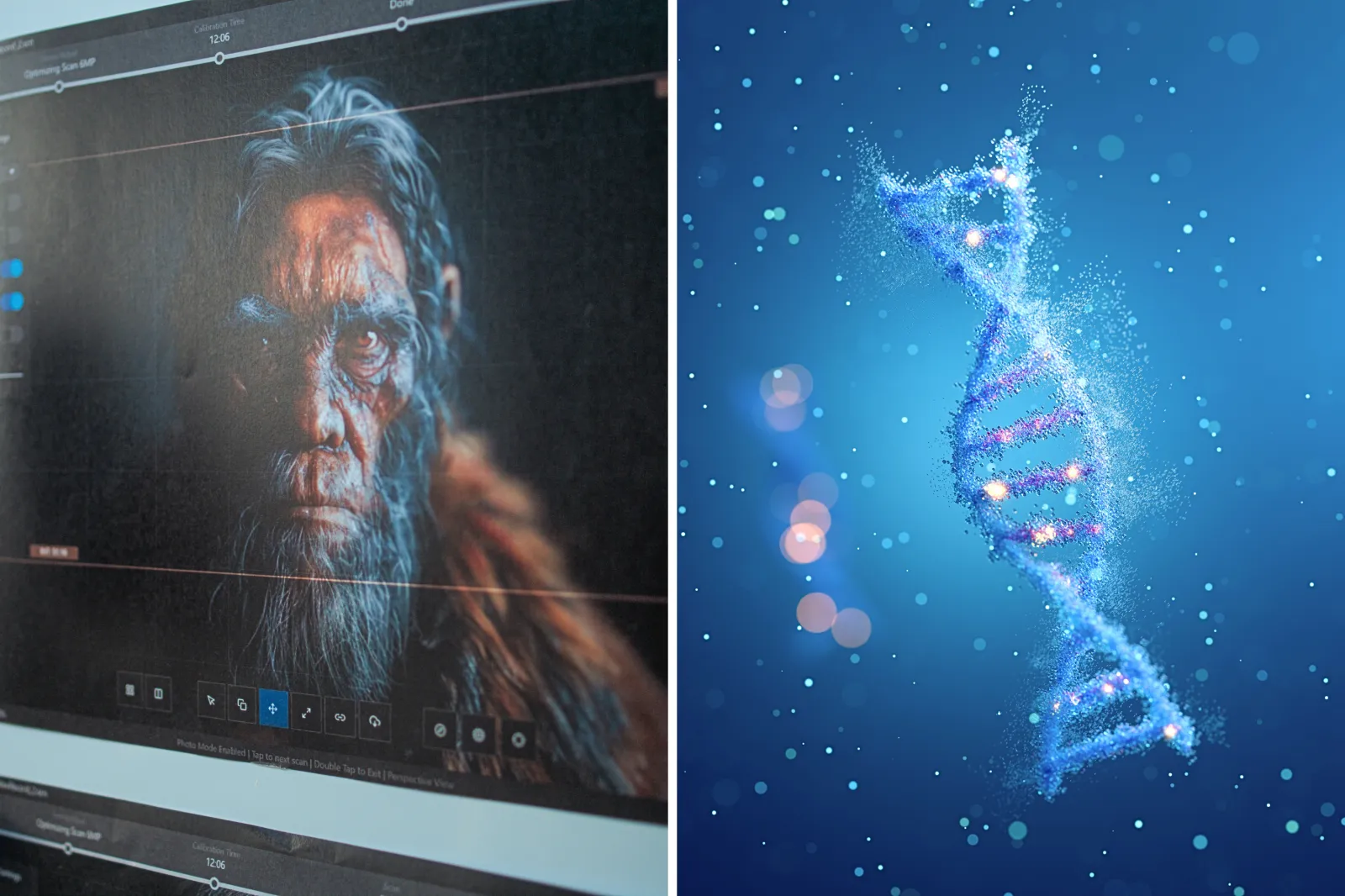 From left: A depiction of a Neanderthal and a DNA strand featuring a double helix structure.
