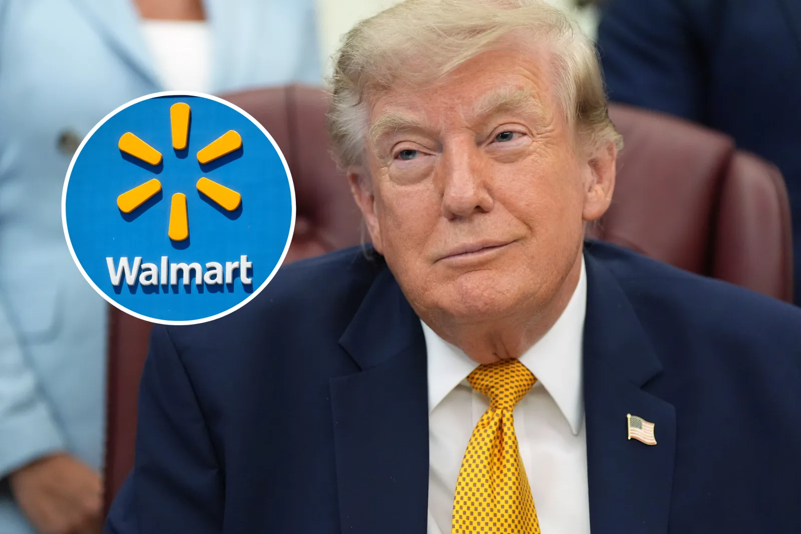 A sign hangs in front of a Walmart store on May 13, 2026 in Chicago, Illinois. President Donald Trump listens during a meeting in the Oval Office of the White House, Monday, Aug. 3, 2026, in Washington.