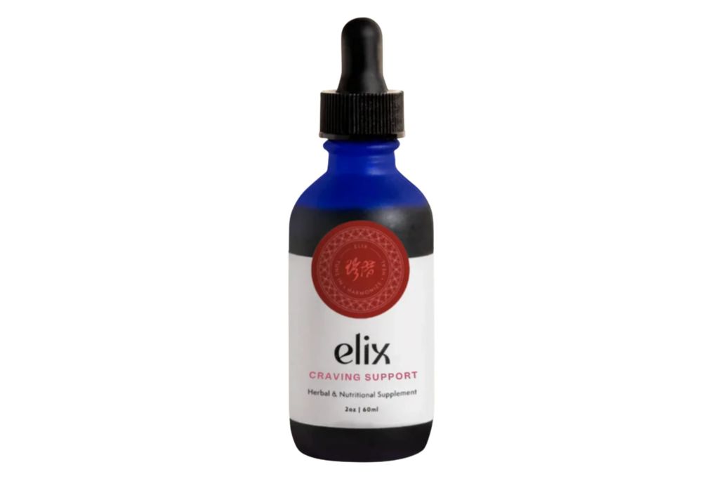 A blue bottle with the words Elix Craving Support