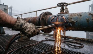 Crew cutting gas platform