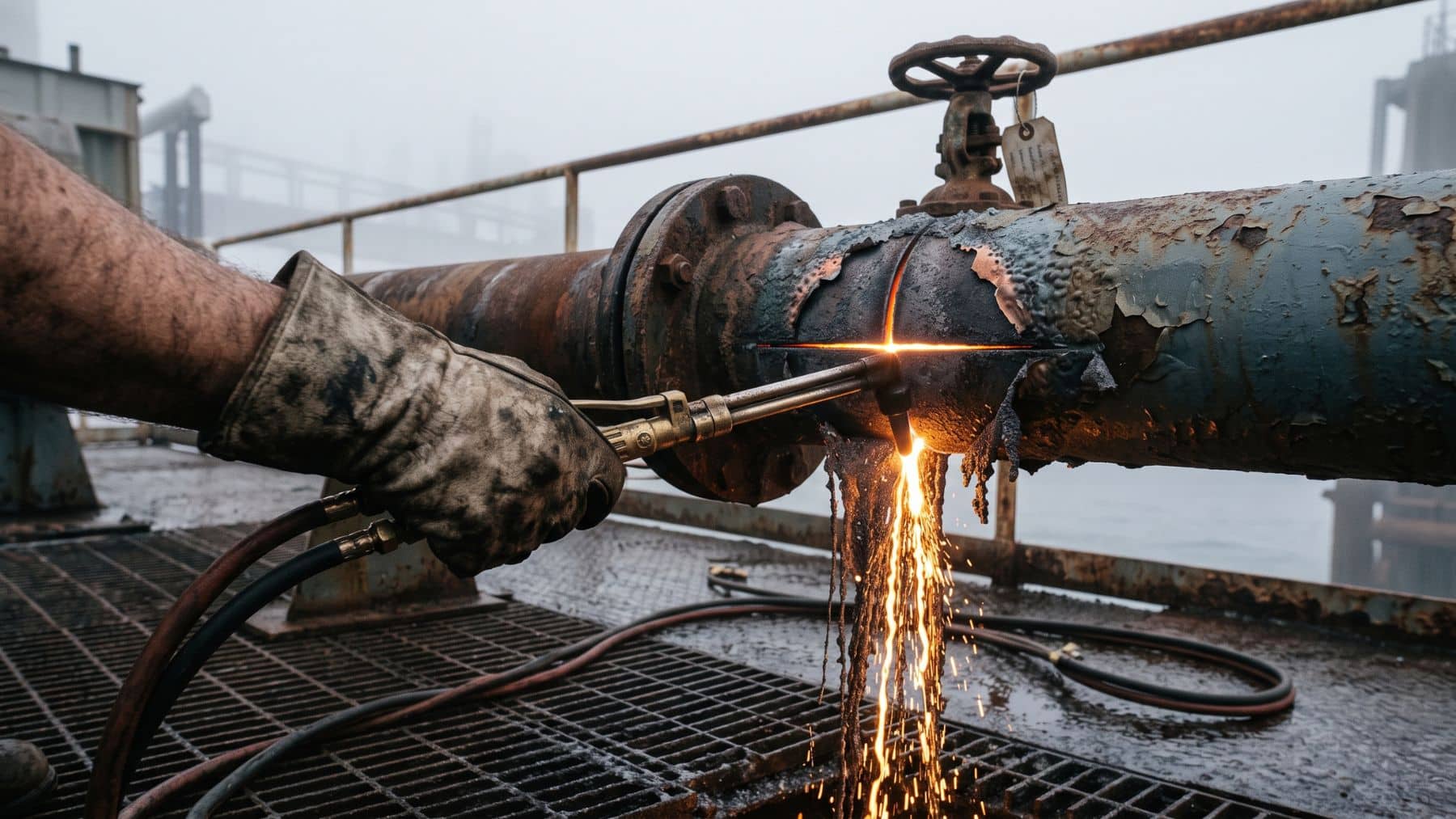 Crew cutting gas platform