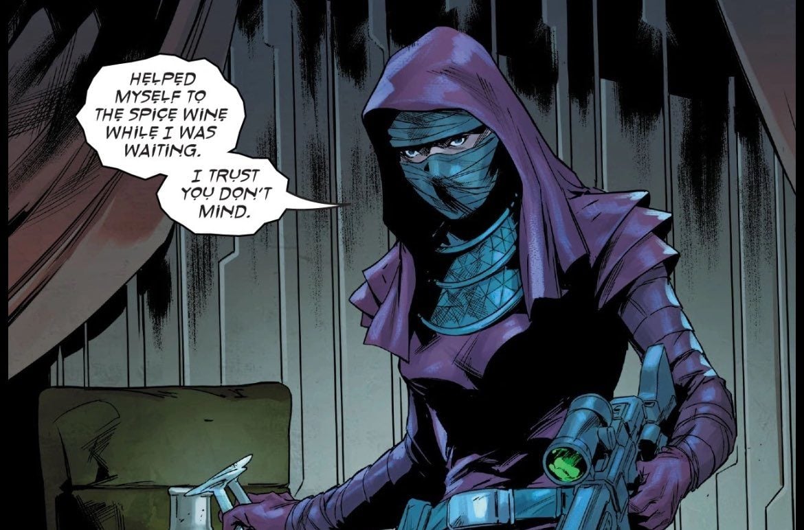 Deathstick holding a glass of wine and a rifle