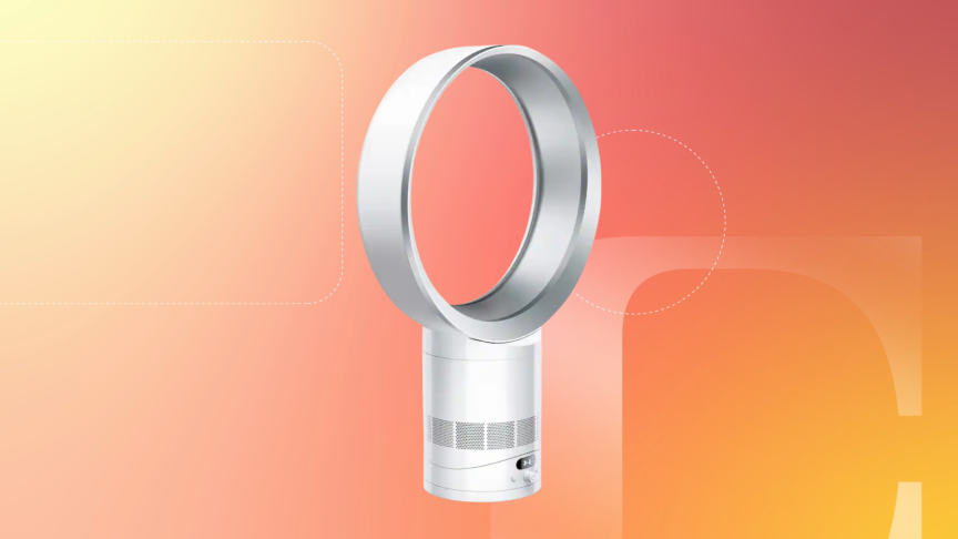 The Dyson Cool CF1 adjustable bladeless desk fan is shown on an orange background.