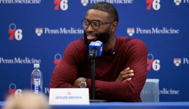 New Sixers forward Jaylen Brown speaks during his introductory press conference at the Francis Myers Recreation Center on Thursday.