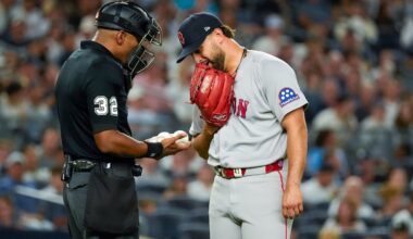 Umpire Edwin Moscoso gives Sox starter Patrick Sandoval a choice of which ball he wants to throw in the third inning of Friday night's 1-0 loss to the Yankees at the Stadium.