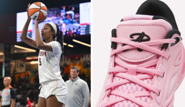 Atlanta forward Angel Reese attempts a three-pointer during the WNBA game between the Phoenix Mercury and the Atlanta Dream on August 5th, 2026 at the Gateway Center in College Park, GA on left. Pink Reebok Angel Reese 1 Basketball Shoes on right.