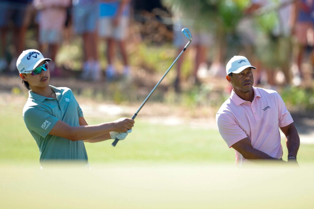 Min Woo Lee and Tiger Woods during a practice round prior to the U.S. Open at Pinehurst
