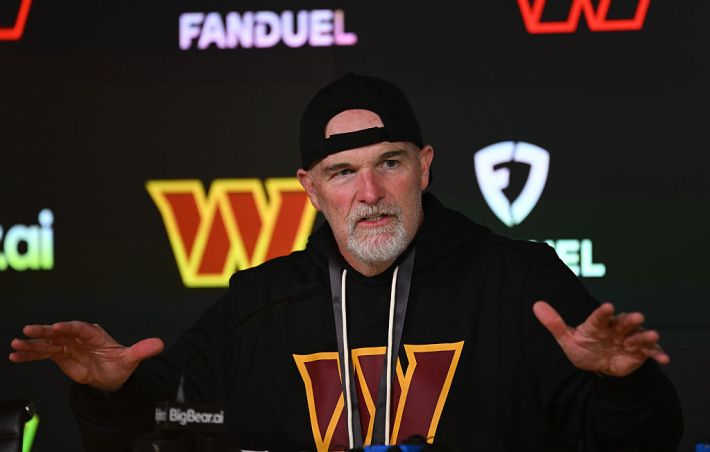 Dan Quinn, Head Coach of  Washington Commanders holds a press conference