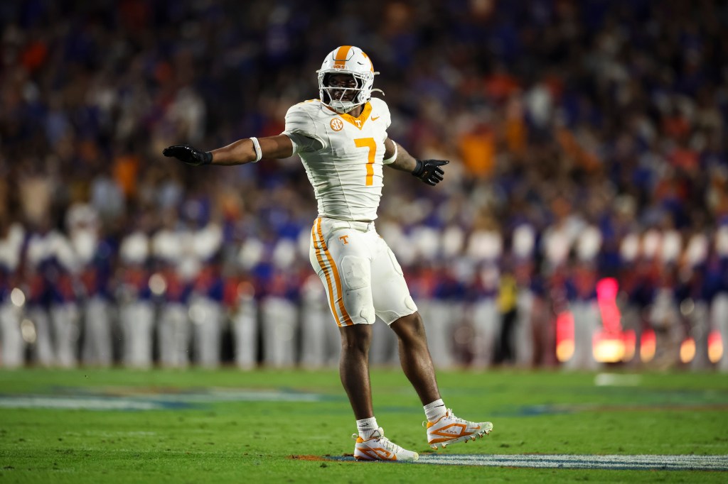 Arion Carter #7 of the Tennessee Volunteers reacts during the first half of a game against the Florida Gators at Ben Hill Griffin Stadium on November 22, 2025 in Gainesville, Florida. 