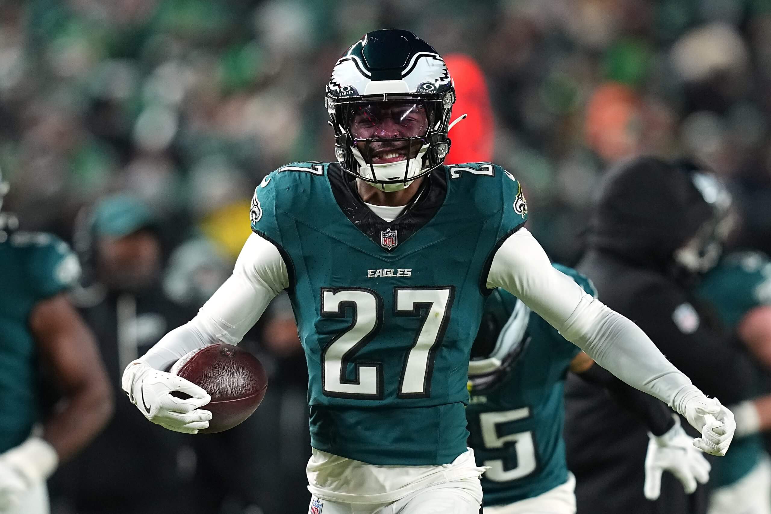 Quinyon Mitchell reacts after an interception against the San Francisco 49ers in the NFC wild-card game.