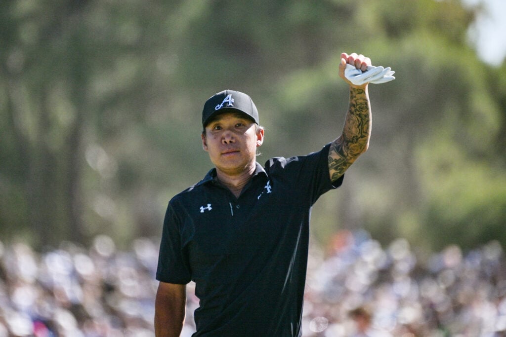 Anthony Kim celebrates his victory at LIV Golf Adelaide