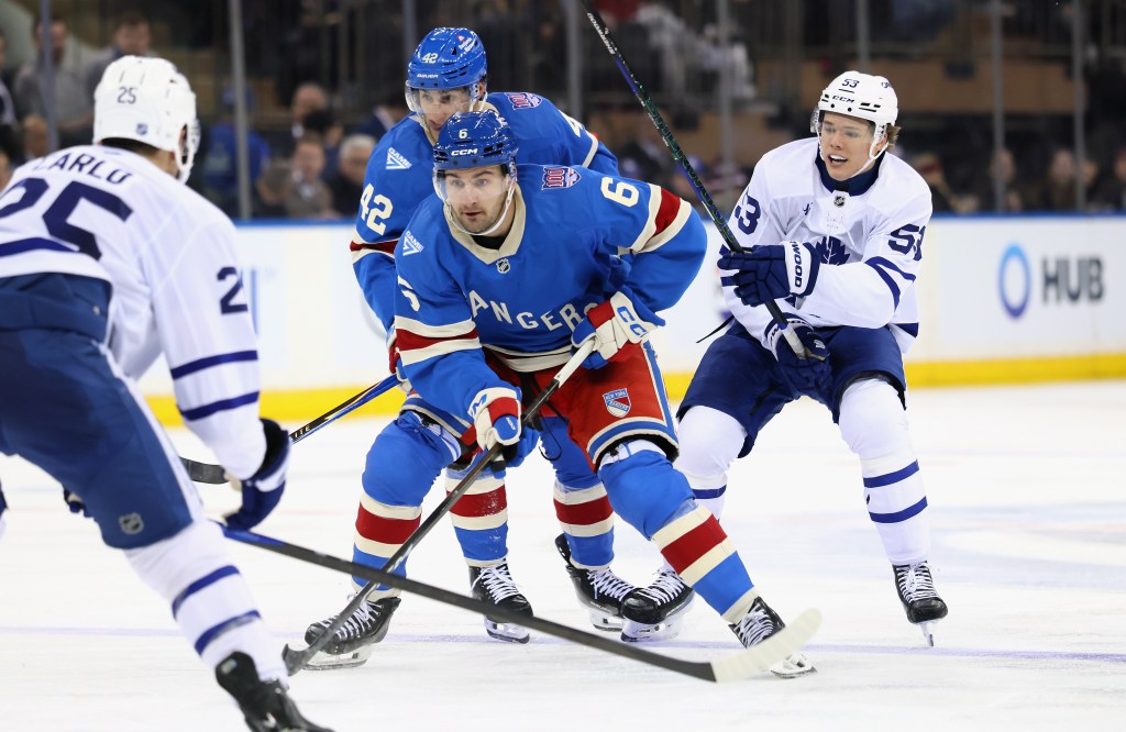 Vincent Iorio #6 of the New York Rangers skates against the Toronto Maple Leafs