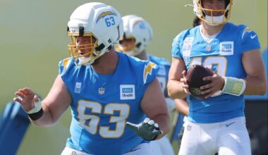 Chargers center Tyler Biadasz carted off practice field with apparent leg injury