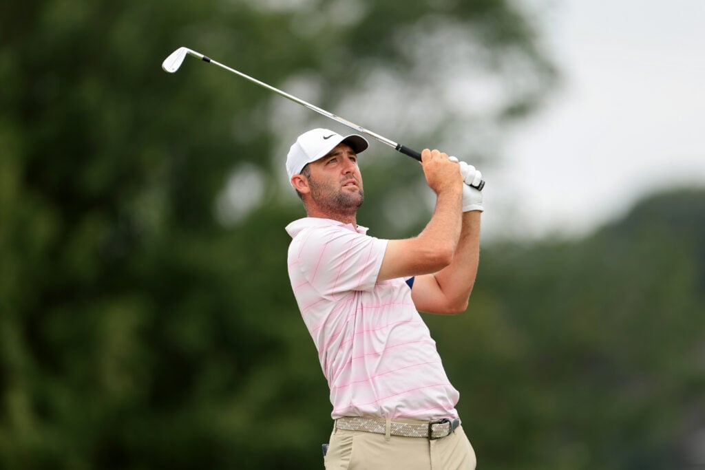 Scottie Scheffler hits his tee shot on the fourth hole at TPC Twin Cities during the third round of the 3M Open