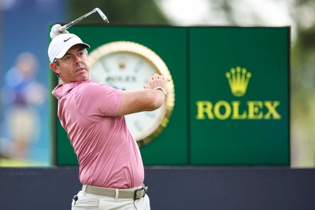 Rory McIlroy reacts to a tee shot in a practice round ahead of the BMW Championship