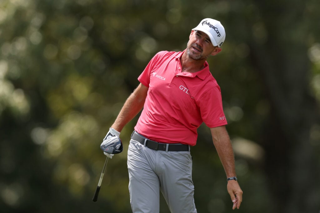Brian Harman reacts to his tee shot during the third round of the FedEx St. Jude Championship