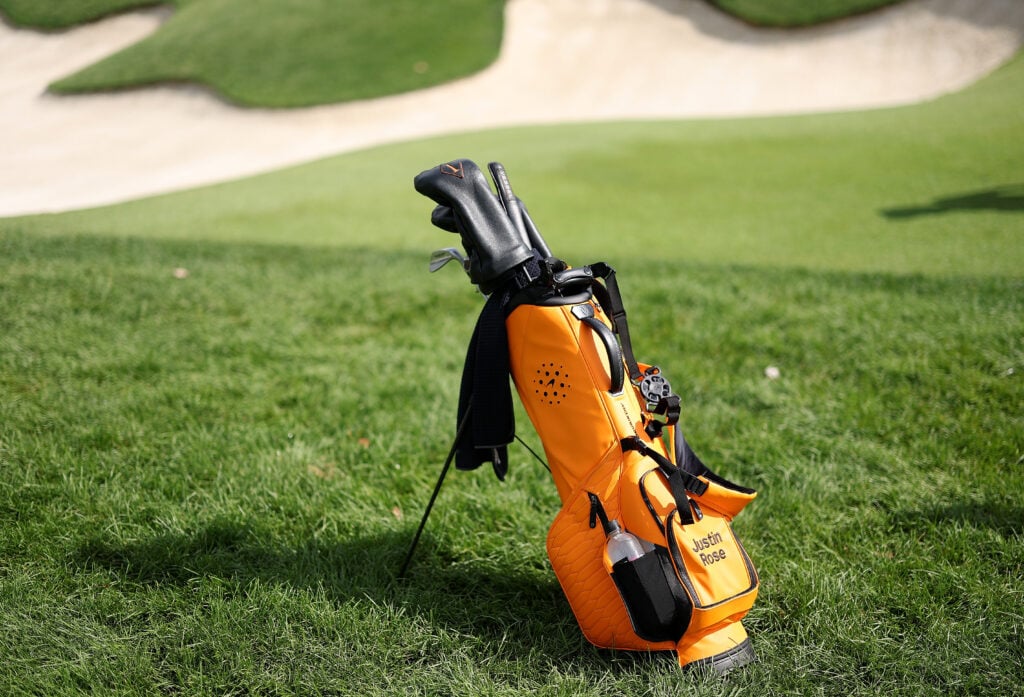 A detailed view of the bag of Justin Rose of England is seen on the 12th hole prior to the BMW Championship 2026