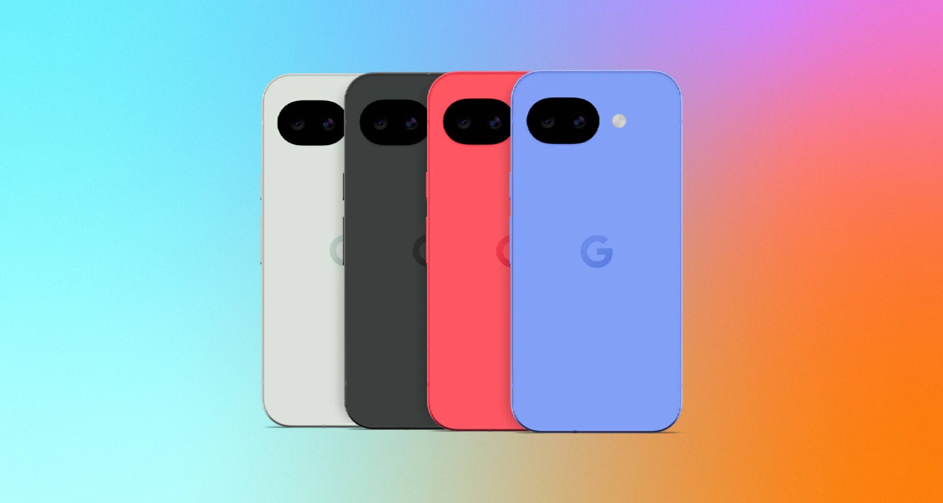 The Pixel 10A phone in four different colors against a blue, purple and orange gradient CNET background.
