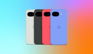 The Pixel 10A phone in four different colors against a blue, purple and orange gradient CNET background.